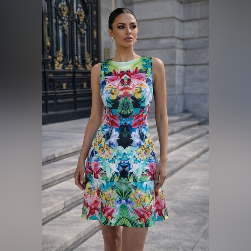 Karen Millen Tropical Floral Print Colourful Green Sleeveless Skater Dress